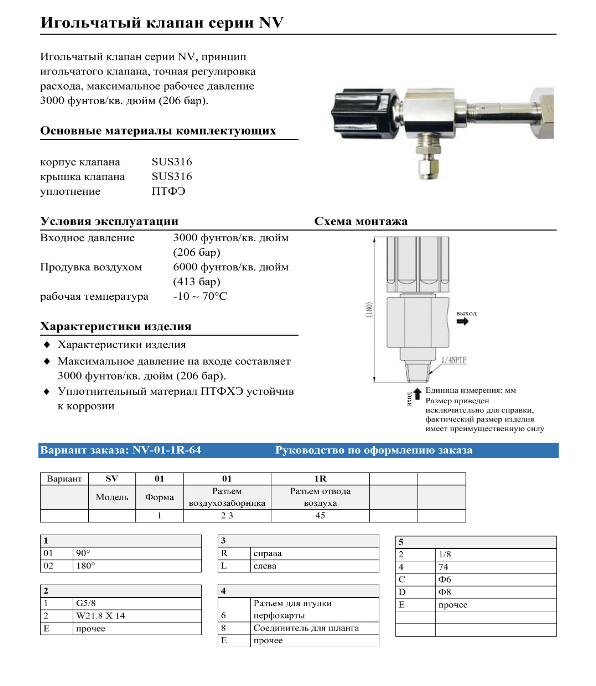Игольчатый клапан Aerotech серии NV давление на входе 206 бар，давление струи 413 бар, 1/4NPTF，1/4NPTF，180°